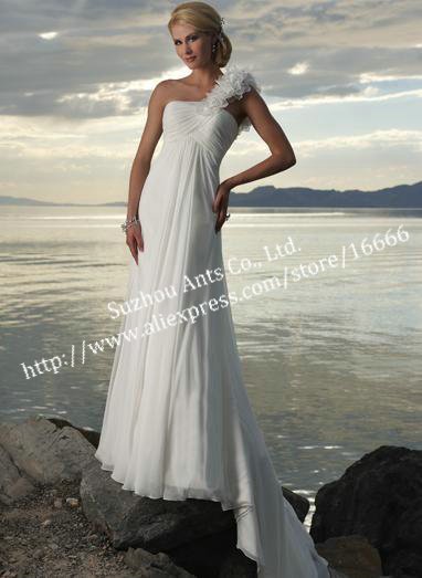 MG638 White Chiffon Oneshoulder Empire Beach Wedding Dresses