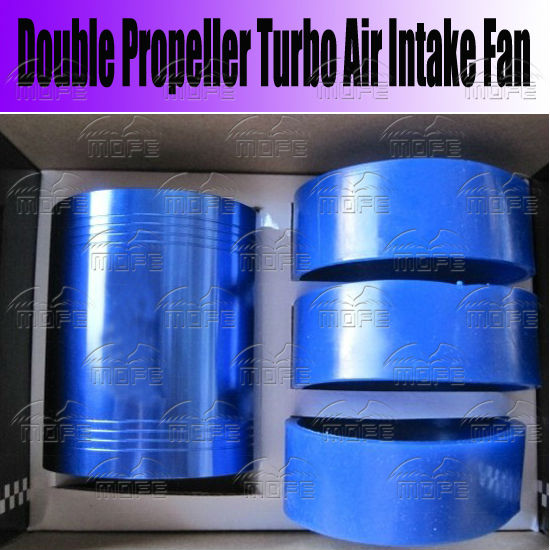 Universal Aluminum Double Propeller Turbo Air Intake Fan Blue 6