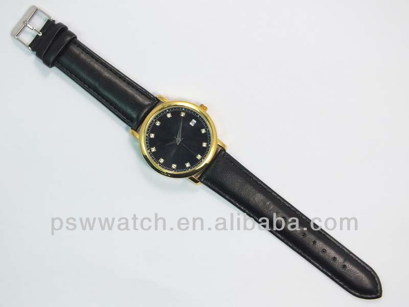 with calendar stone hours IPG plating leather wrist watches men
