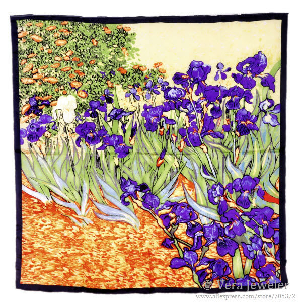fs003211-pl van gogh\'s irises 34 square 100% satin silk scarf hand rolled edges (1)