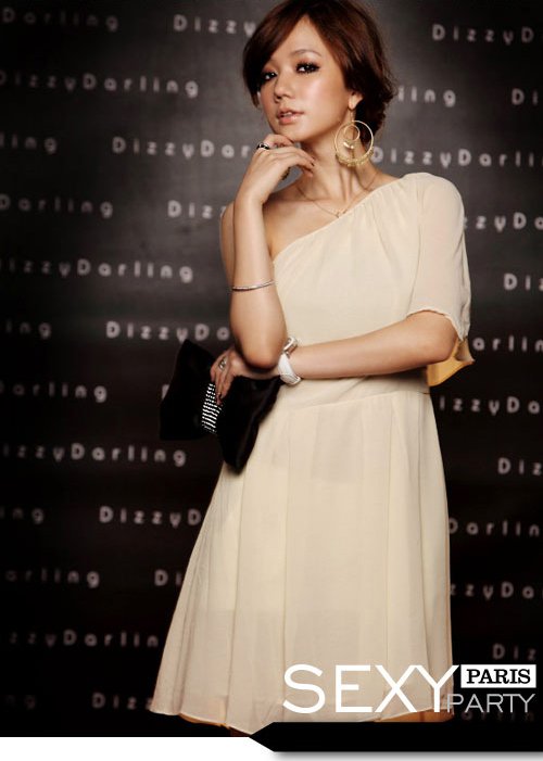 R6765 Free Shipping Women's Fashion Sexy One Shoulder Chiffon Causel Dress Apricot Retail & Wholesale