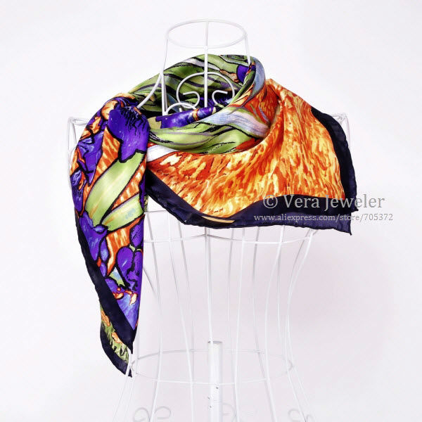 FS003211-PL Van Gogh\'s Irises 34 Square 100% Satin Silk Scarf Hand Rolled Edges (4)_conew2