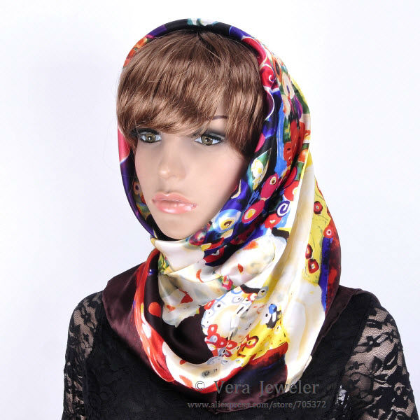 FS021211-BG 600 100% Silk Scarf Square Shawl Summer Scarf Gustav Klimt\'s Virgins Women's Scarf Head Scarves Blue Burgundy (8)