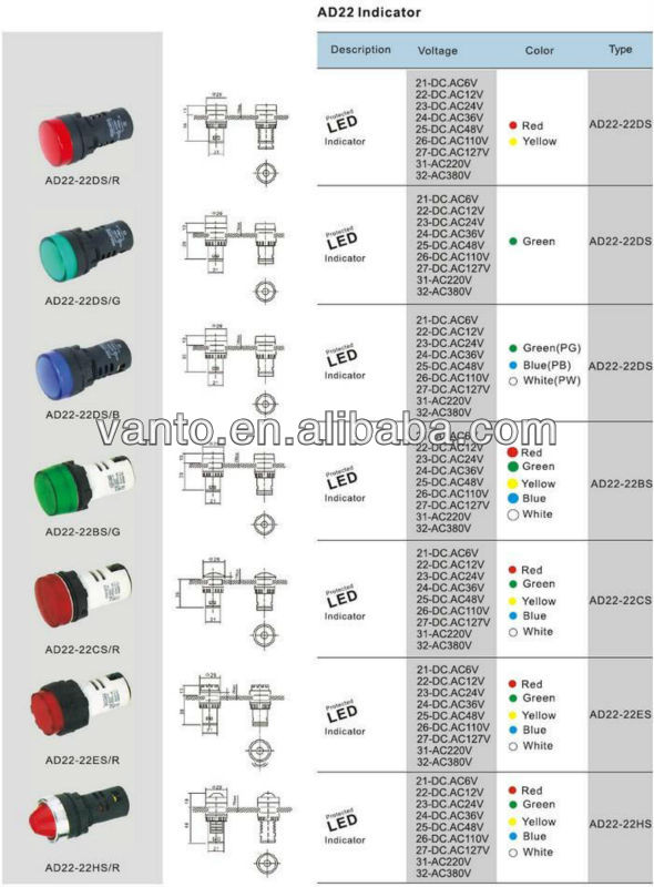 Ad22/ad16-22ds信号灯、 パイロットランプ、 インジケーターランプ問屋・仕入れ・卸・卸売り