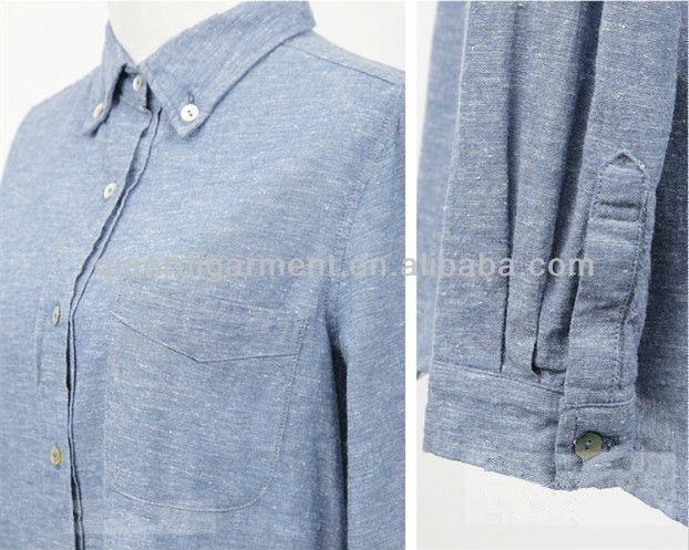 100％リネン洗浄し高品質の有機女性用カジュアルシャツ/を持つ女性のボタン- ダウン襟とポケット1問屋・仕入れ・卸・卸売り