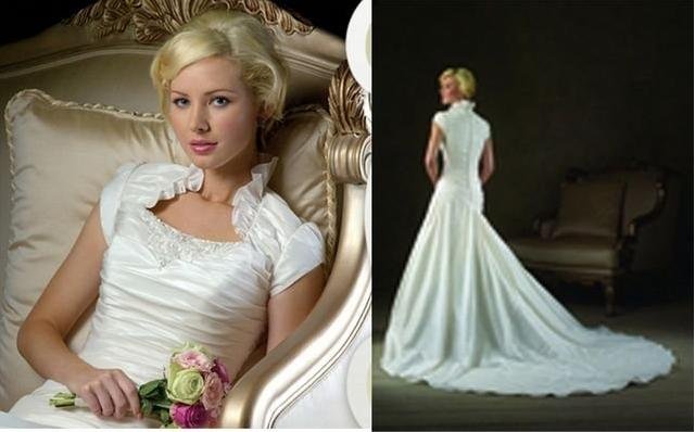  Cap Sleeve Appliqued Beaded Taffeta Floor length Wedding Dresses WD2101