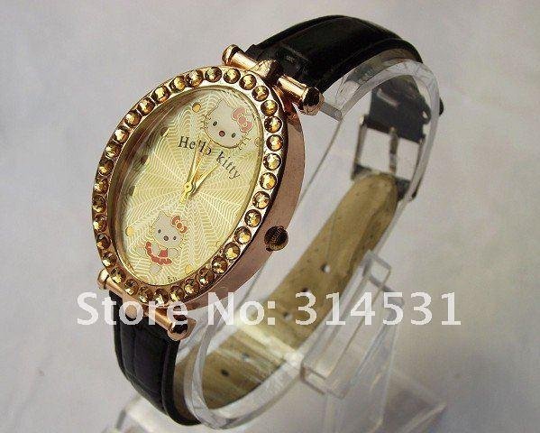 Free shipping 6 colors fashion hello kitty women's ladies luxury crystal oval dial wrist watches 10pcs/lot