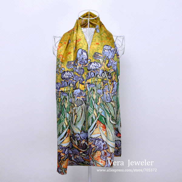FS001511-GR 100% Silk Luxurious 12-momme Charmeuse Silk Van Gogh\'s Irises 1890 Oil Painting Handrolled Edges Long Scarf Shawl Wraps Hijab Headscarf Green (7)