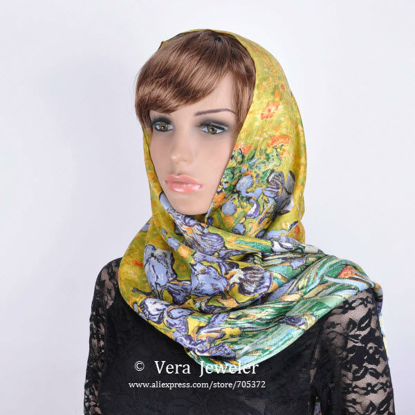 FS001511-GR 100% Silk Luxurious 12-momme Charmeuse Silk Van Gogh\'s Irises 1890 Oil Painting Handrolled Edges Long Scarf Shawl Wraps Hijab Headscarf Green (9)