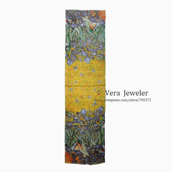 FS001511-GR 100% Silk Luxurious 12-momme Charmeuse Silk Van Gogh\'s Irises 1890 Oil Painting Handrolled Edges Long Scarf Shawl Wraps Hijab Headscarf Green (10)