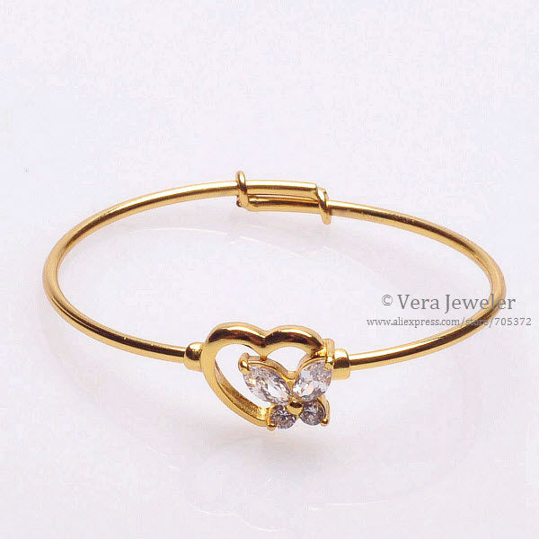 FKJ0113 24K Gold Plated Polish Gold Bangle Baby Bangles Heart Butterfly CZ Crystal Bangles Bracelet Lot 2PC Children Jewelry Cuff Bracelet Gold Yellow Gold Jewelry (1)