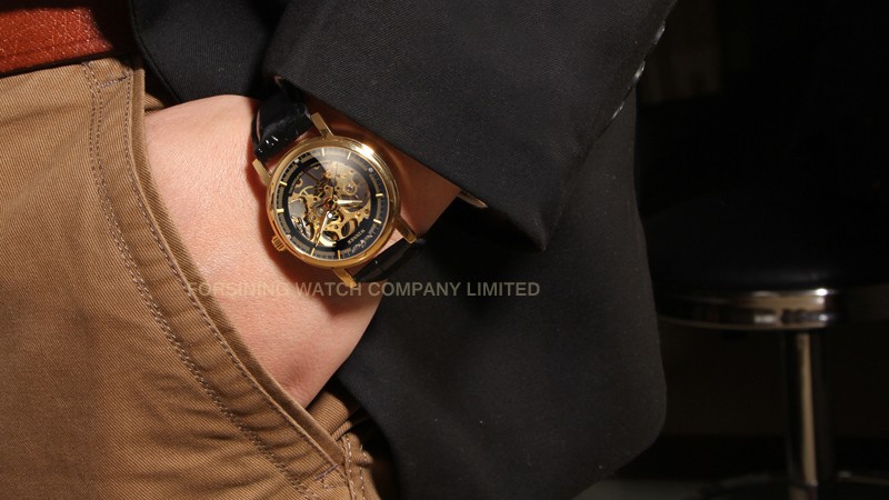 2014 Winner Mechanical men new wristwatch skeleton stainless steel buckle gold color free shipping 