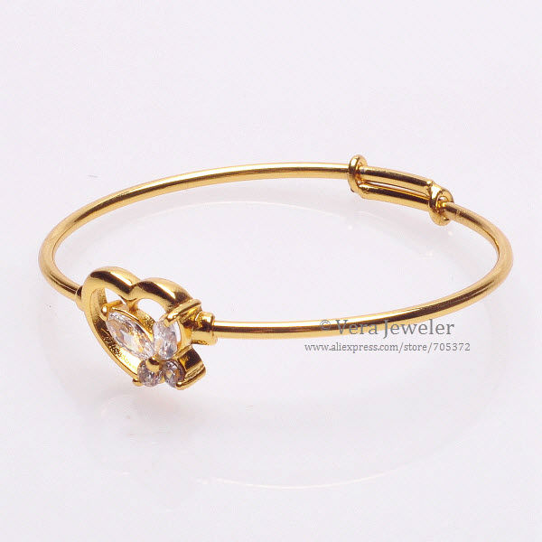 FKJ0113 24K Gold Plated Polish Gold Bangle Baby Bangles Heart Butterfly CZ Crystal Bangles Bracelet Lot 2PC Children Jewelry Cuff Bracelet Gold Yellow Gold Jewelry (2)