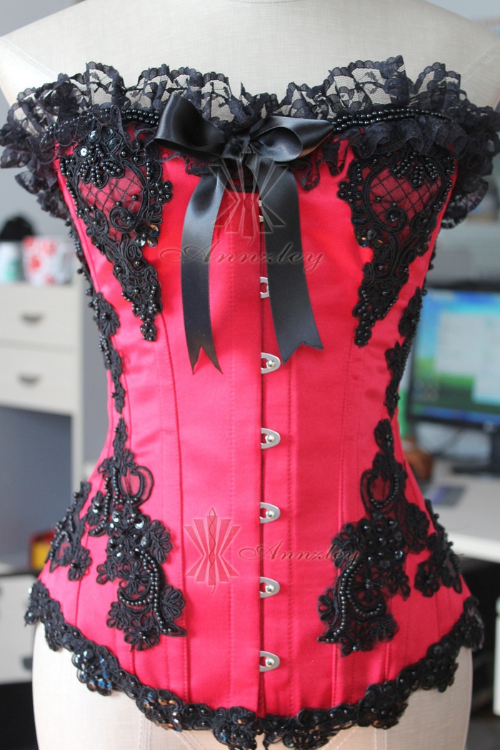 Sexy Black  Beadings Party Red Corset Top  With Ruffled Laces (2).jpg