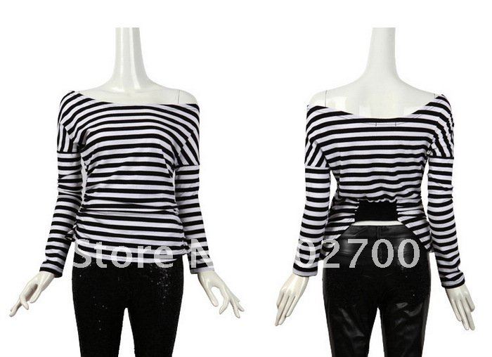 Free Shipping Apparel lady Sexy Designs Oblique shoulder collar SHOW small waist stripe T-shirt K086