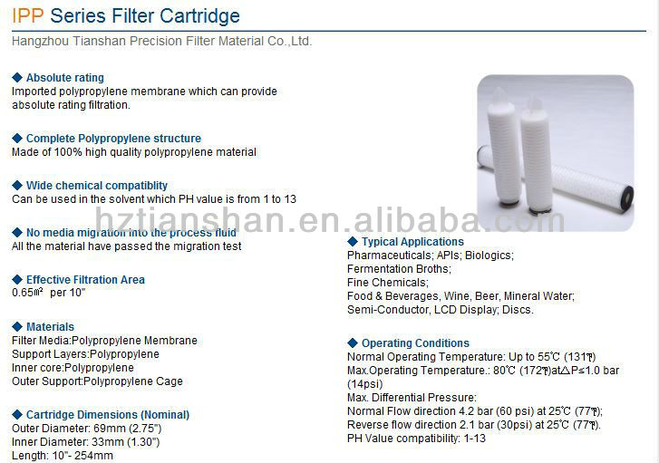 Imported PP membrane coconut water cartridge filter