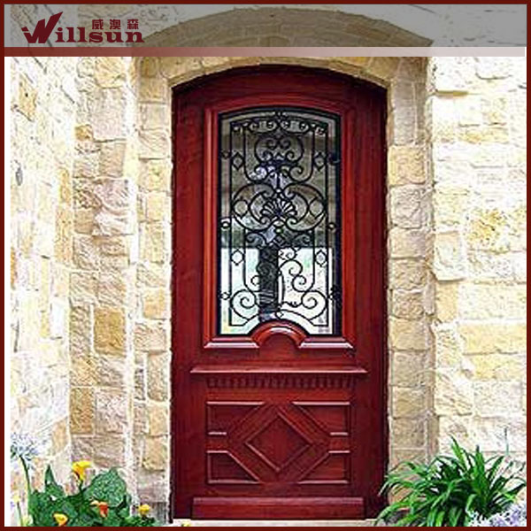 木製のアーチ型固体木材ドアが鉄を鍛造ダブルエントリーのドア問屋・仕入れ・卸・卸売り