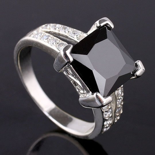 9x9mm Square Stone YIN Luxury black Onyx Silver Ring Size 8 Women Fashion JV0688