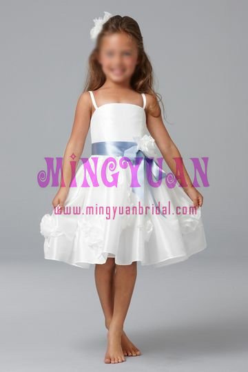 white organza with blue ribbon flower girl dress fn80