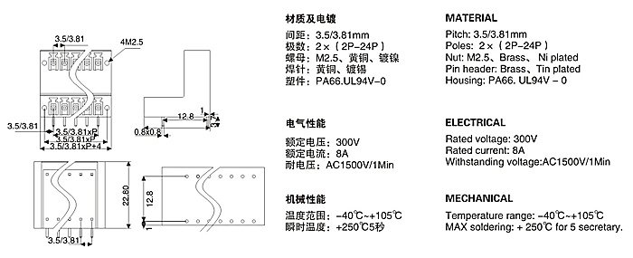 Pcbプラグ2レベル端子台3.81ミリメートルピッチ整列のオス端子台並列デュアルロウピンヘッダーナット付きワイヤコネクタ仕入れ・メーカー・工場