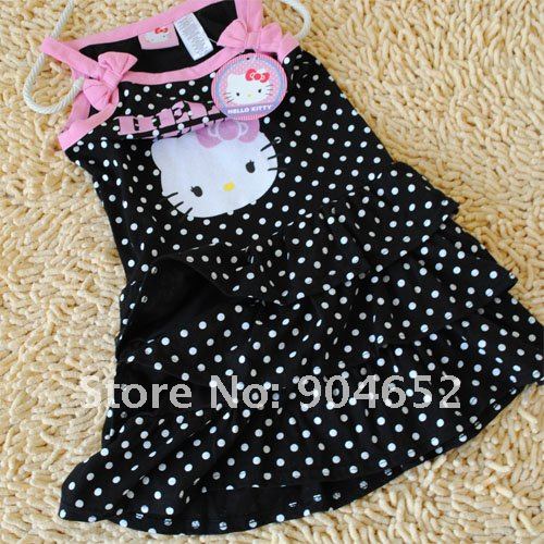 In Stock wholesale 2012 dress newest baby girls HELLO KITTY polka dot strap knee-length summer dresses free shipping