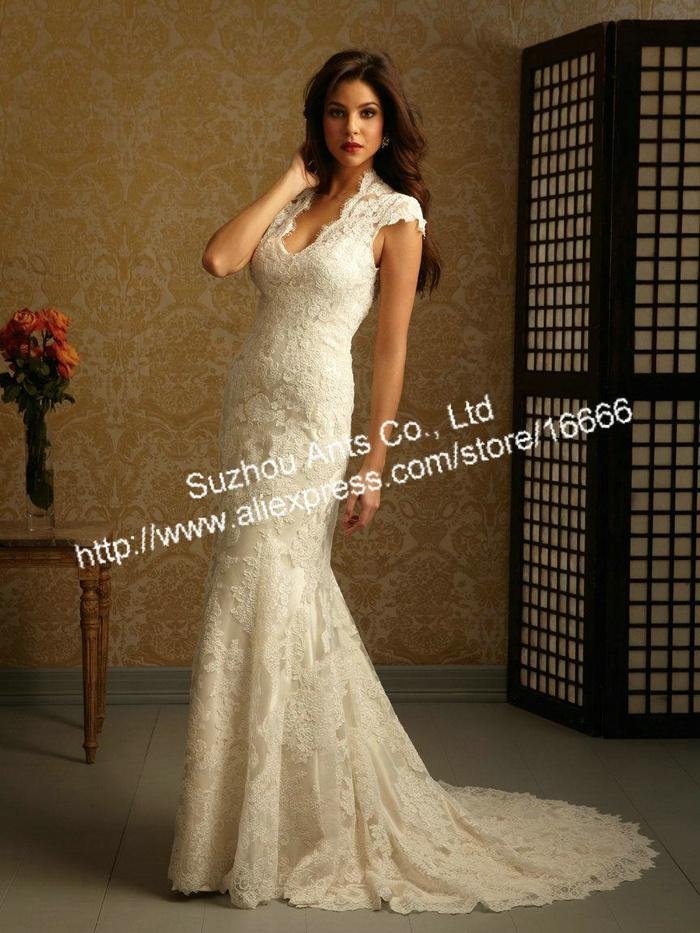 Cap Sleeve Mermaid 2012 Backless Lace Wedding Dress Ivory Court Train Button