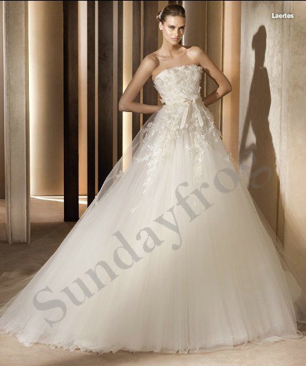  Strapless Lace Appliqued Ball Gown Butterfly Tie Wedding Dresses Bridal 