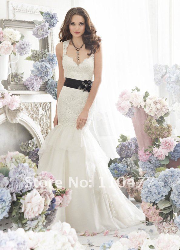 Lace wedding dress with black sash