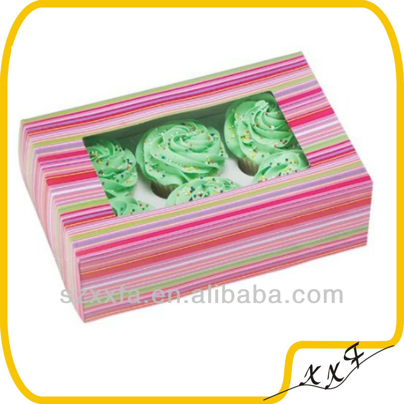 2014 eco friendly colorful stripped gift box cupcake packaging box with PVC window