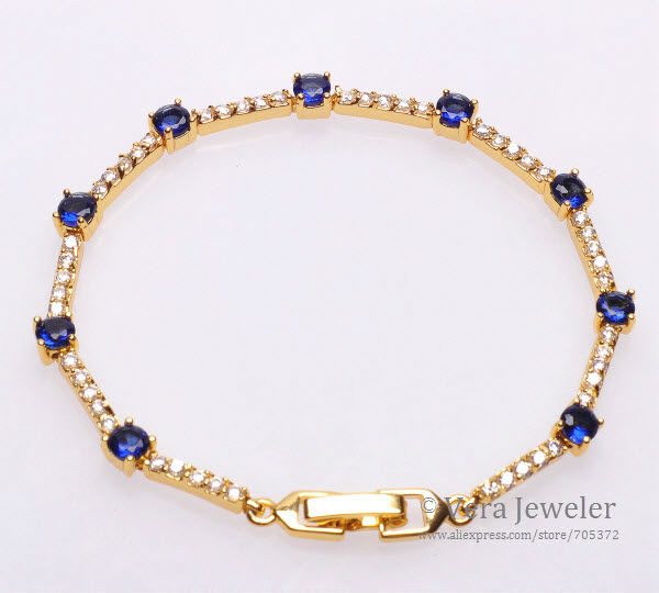 106022469003-BL 24K Gold Plated Gold Chain Bracelet Cluster Round Sapphire Blue CZ Womens Braclets Crystal Bangles Fashion Jewelry 20cm 7.9 inch (4)