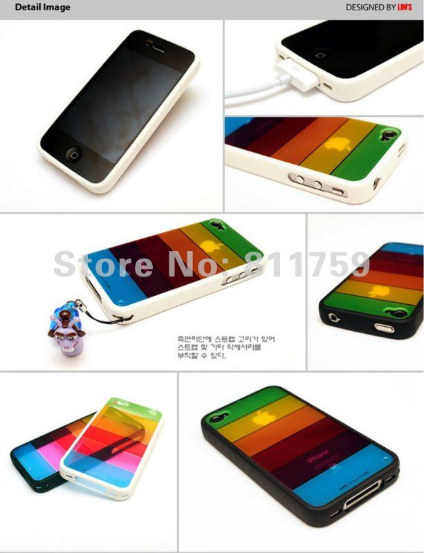 Free shipping 100pcs/lot Silicon Rainbow Shell Cover Case for iphone 4s Soft back case cover for Apple iphone 4 4s/4g