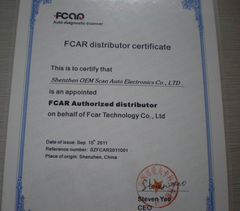 Fcar distributor certificate
