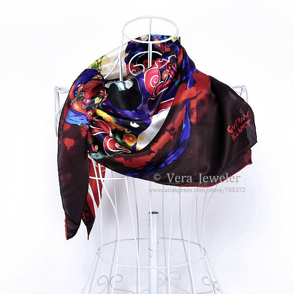 FS021211-BG 600 100% Silk Scarf Square Shawl Summer Scarf Gustav Klimt\'s Virgins Women's Scarf Head Scarves Blue Burgundy (3)
