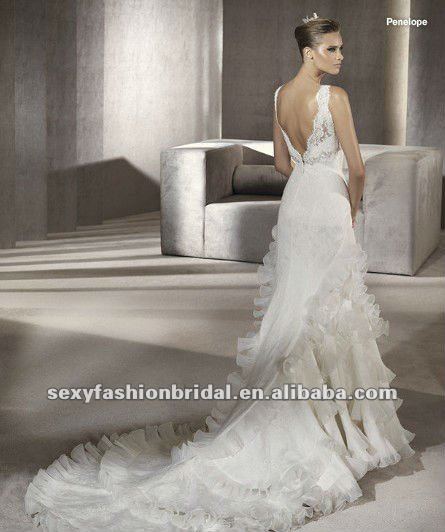 2012 V neck lace covered skirt ruffle hem designer fishtail backless wedding
