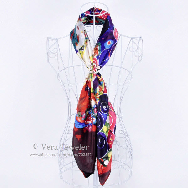 FS021211-BG 600 100% Silk Scarf Square Shawl Summer Scarf Gustav Klimt\'s Virgins Women's Scarf Head Scarves Blue Burgundy (6)
