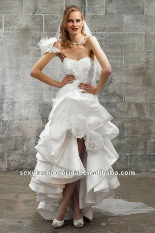  feather flowers accented short front long train wedding dress 369363jpg