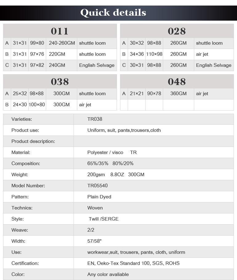 tr suiting fabric for suit, uniform, professional uniforms 300GM twill