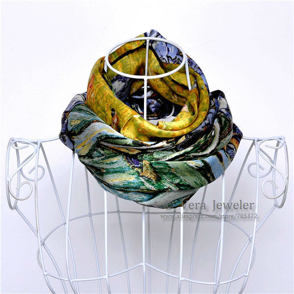 FS001511-GR 100% Silk Luxurious 12-momme Charmeuse Silk Van Gogh\'s Irises 1890 Oil Painting Handrolled Edges Long Scarf Shawl Wraps Hijab Headscarf Green (2)