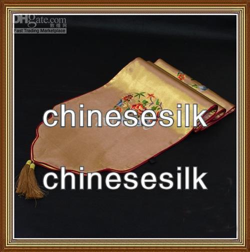 Chinese Embroidered Light Blue Silk Table Runners 90 inch Length Coffee Table Cloth High End Bed Runner size L230 x W35cm 1pcs Free