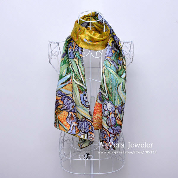 FS001511-GR 100% Silk Luxurious 12-momme Charmeuse Silk Van Gogh\'s Irises 1890 Oil Painting Handrolled Edges Long Scarf Shawl Wraps Hijab Headscarf Green (6)