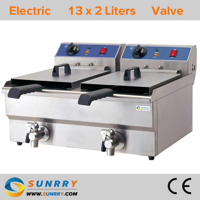 Counter top rectangular 2 tank 2 basket electric deep fryer with oil faucet and CE approval fryer machine (SY-TF213V SUNRRY)