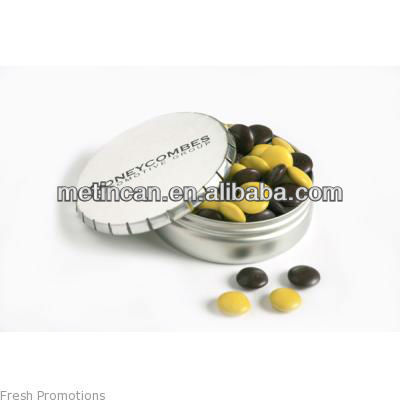small round click clack tin for chewing gum package