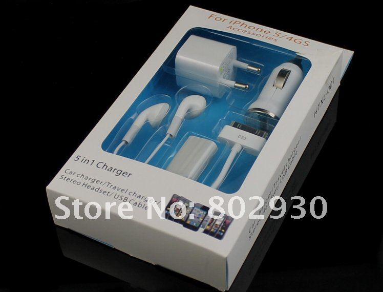 5in1 Kit Charger For iphone 4S 4 3G 3GS, Car Charger+Data Charger+Earphone+Audio Splitter+Wall Charger, 1 Set/5pcs FreeShipping