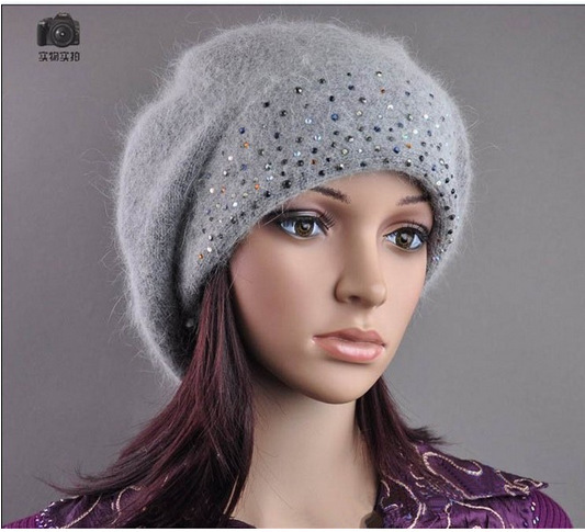 2015 fashion beanie with diamond cap women\'s rabbit fur hat knitted winter wool hat women beret cap