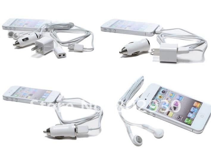 5in1 Kit Charger For iphone 4S 4 3G 3GS, Car Charger+Data Charger+Earphone+Audio Splitter+Wall Charger, 1 Set/5pcs FreeShipping