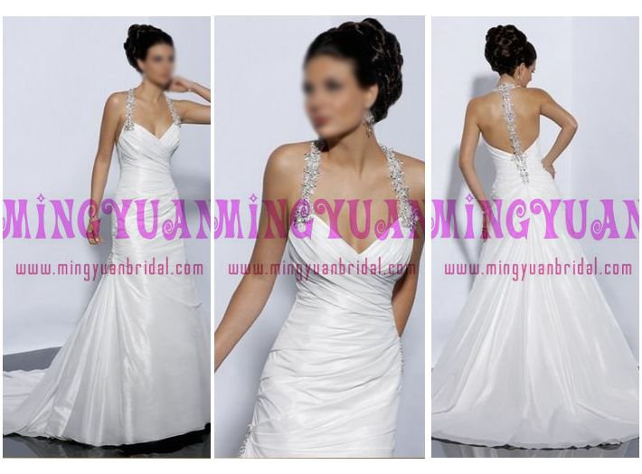 white taffeta halter backless wedding dress w3363