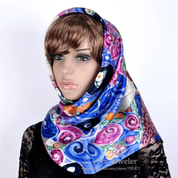 FS021211-BL 600 100% Silk Scarf Square Shawl Summer Scarf Gustav Klimt\'s Virgins Women's Scarf Head Scarves Blue Burgundy (8)