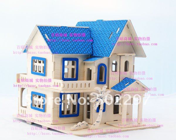 about 3D woodcraft puzzle construction toy wood Blue fantasy house kit