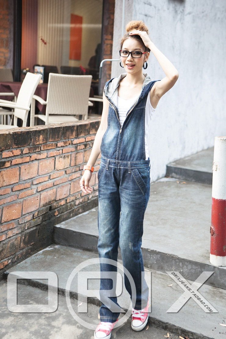 Denim overalls, 2012 new hooded overalls, zipper thin straight thin overalls, free shipping-G161