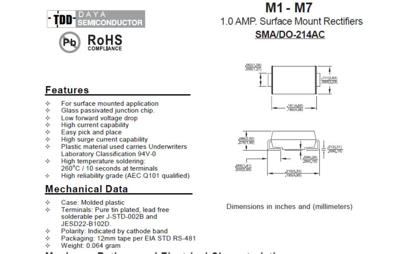 Surface Mount Rectifier Diode M1-M7.